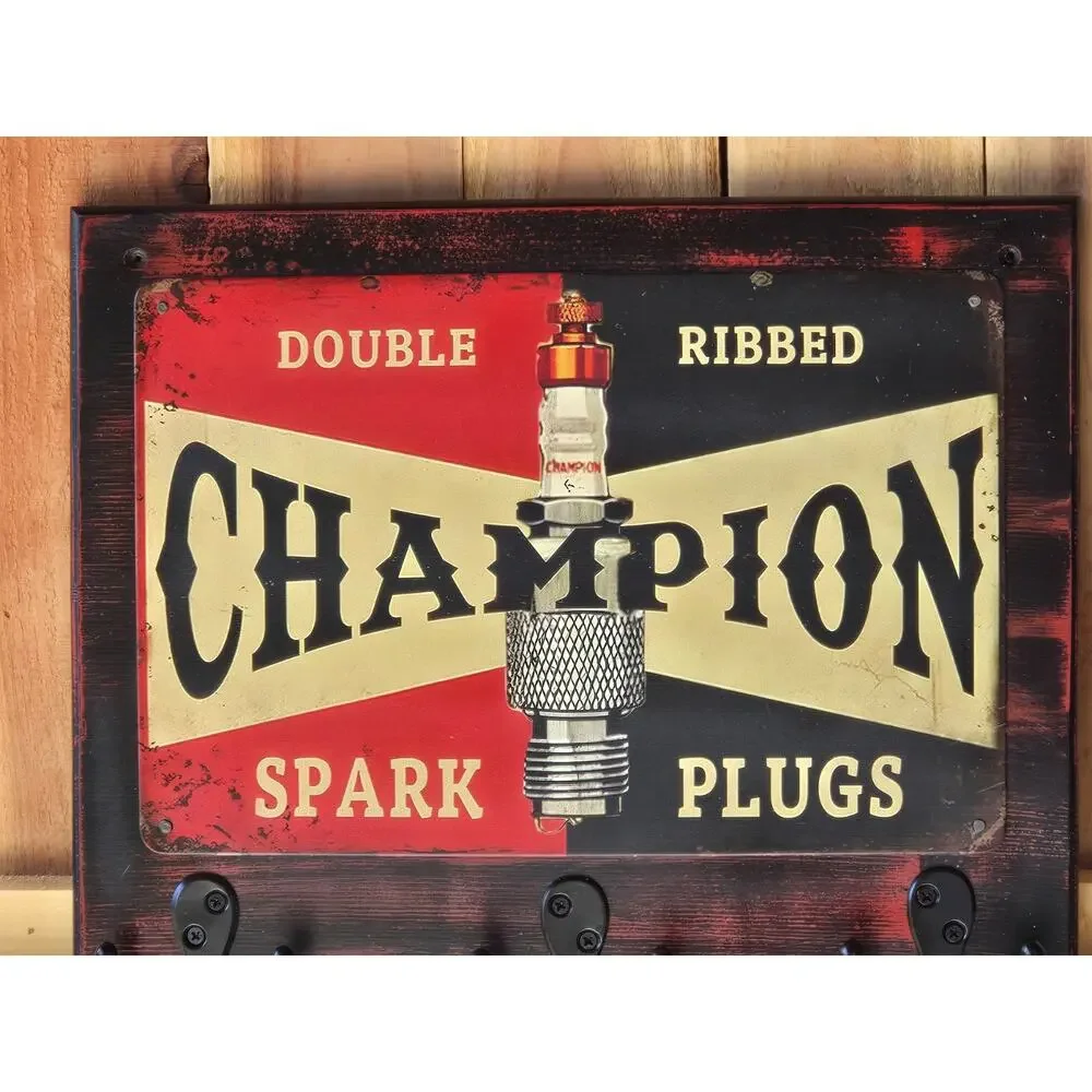 Champion Spark Plug Sign, Rustic, Mounted on Solid Wood, Hooks, Handmade, New